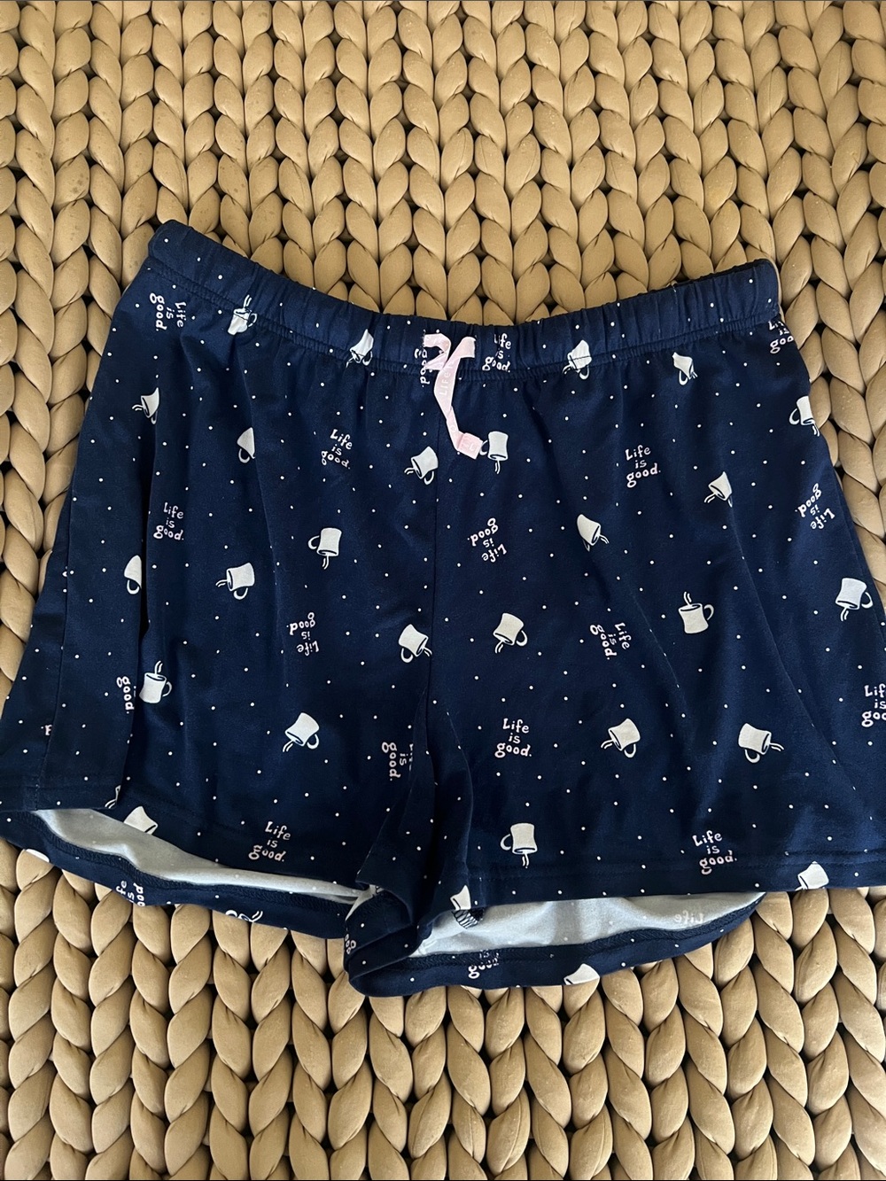 Life Is Good Navy Blue Athletic Shorts with White Mug Print and Pink Drawstring